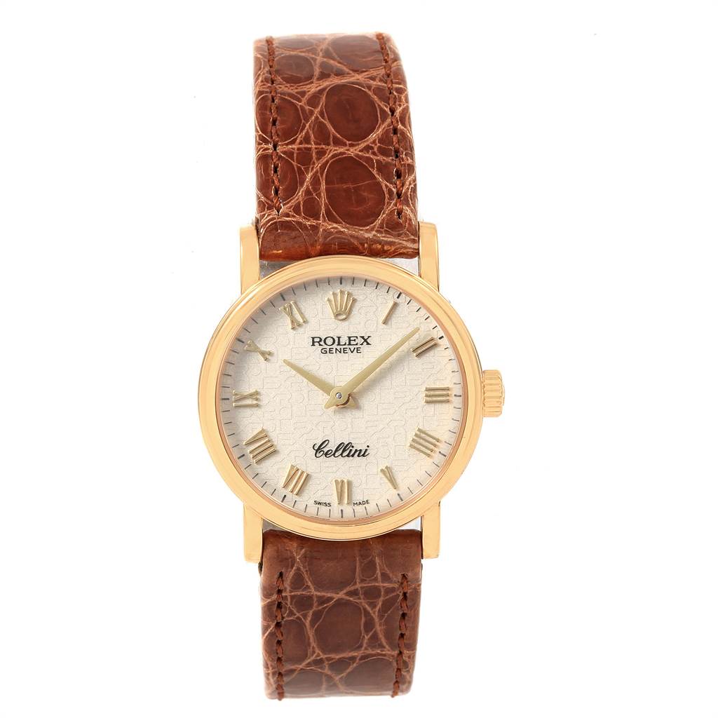 The image shows a frontal view of a Rolex Cellini 6110 Women's Yellow Gold Beige Dial 6110 Women's Yellow Gold Beige Dial watch, displaying its face, dial, crown, and brown leather strap.