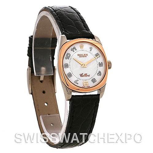 This Rolex Cellini 6229 Women's White Gold White Dial 6229 Women's White Gold White Dial watch is shown at a slight side angle, featuring its leather strap, dial, and casing.