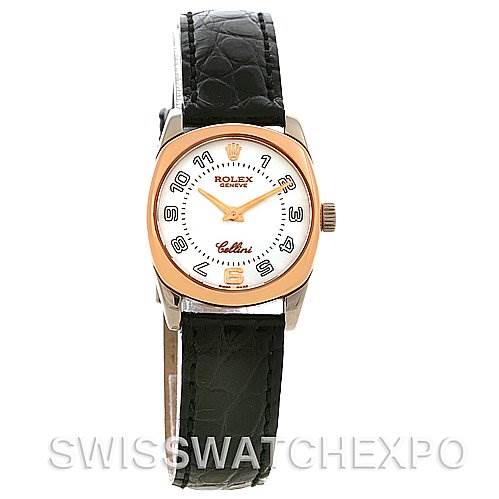 The image shows a front view of a Rolex Cellini 6229 Women's White Gold White Dial 6229 Women's White Gold White Dial watch, showcasing its face, dial, and black leather strap.