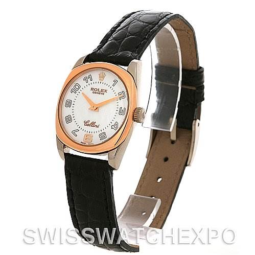 The image shows a Rolex Cellini 6229 Women's White Gold White Dial 6229 Women's White Gold White Dial watch at a three-quarter angle, highlighting the face, bezel, crown, and leather strap.