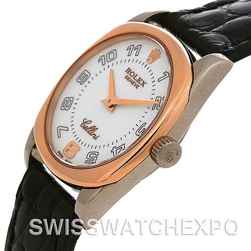 This image shows a side-angle view of a Rolex Cellini 6229 Women's White Gold White Dial 6229 Women's White Gold White Dial watch, highlighting the dial, bezel, crown, and part of the strap.