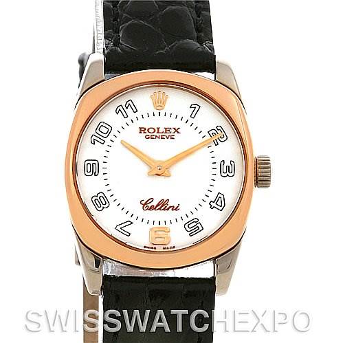 The Rolex Cellini 6229 Women's White Gold White Dial 6229 Women's White Gold White Dial watch features a front view, showcasing its dial, bezel, crown, and leather strap.