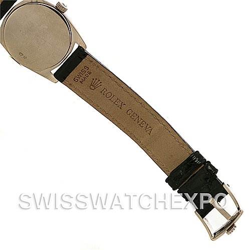 This image shows the back of the case and the inner side of the strap of a Rolex Cellini 6229 Women's White Gold White Dial 6229 Women's White Gold White Dial watch.