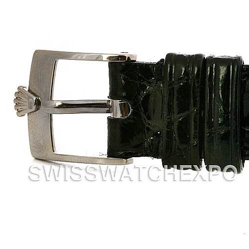 The image shows a close-up side view of the buckle and part of the leather strap of a Rolex Cellini 6229 Women's White Gold White Dial 6229 Women's White Gold White Dial watch.