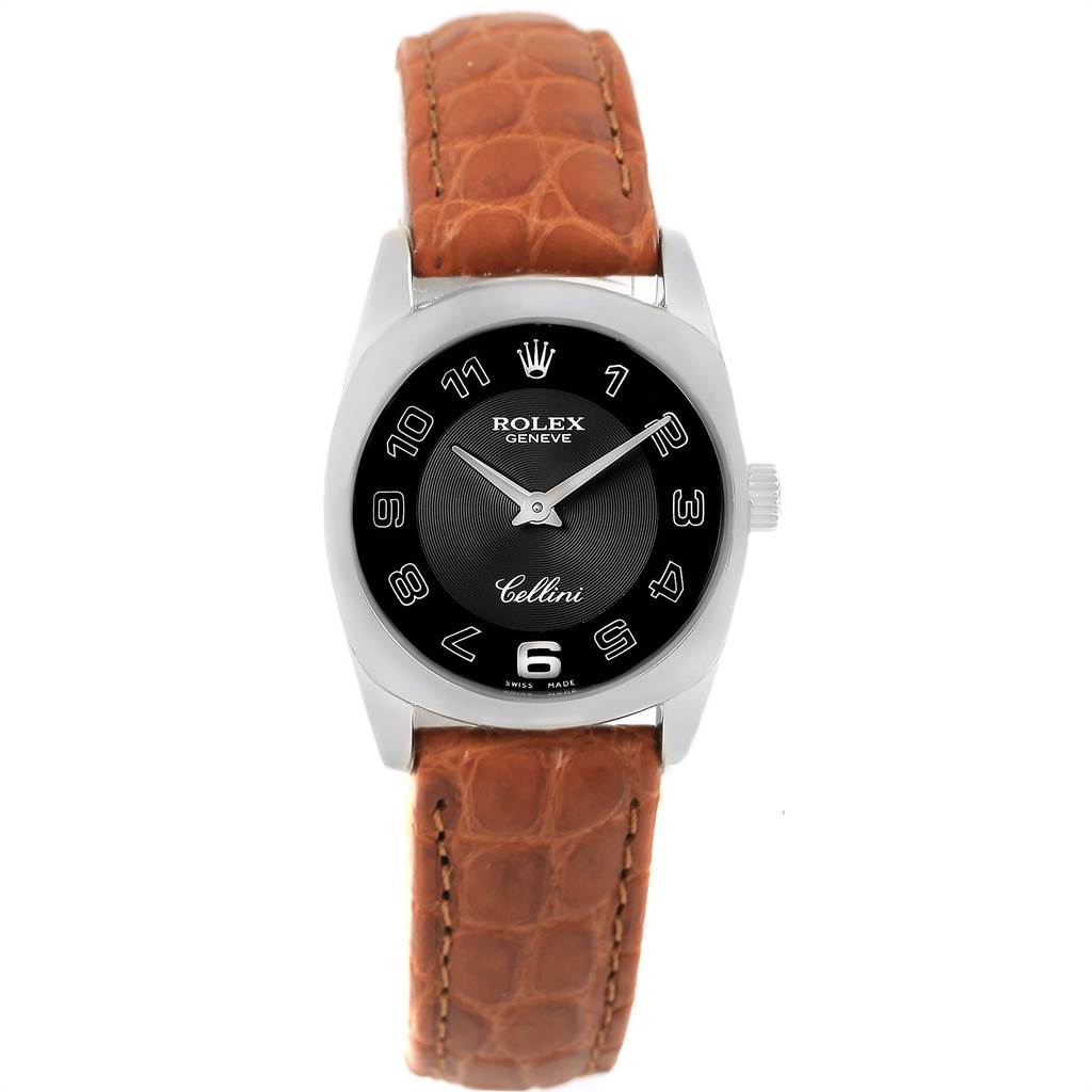 This image shows a front view of a Rolex Cellini 6229 Women's White Gold Black Dial 6229 Women's White Gold Black Dial watch featuring a black dial and brown leather strap.