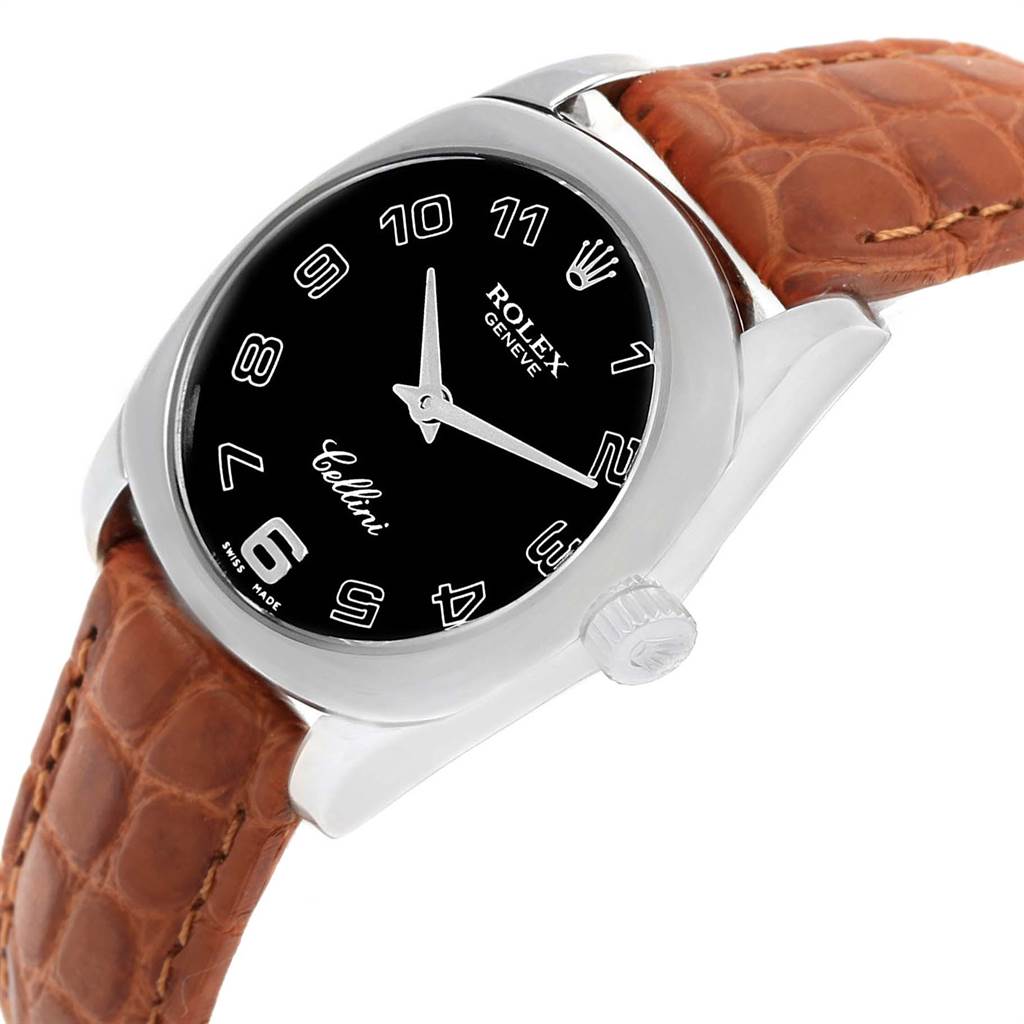 This is a Rolex Cellini 6229 Women's White Gold Black Dial 6229 Women's White Gold Black Dial watch shown at an oblique angle, highlighting the black dial, silver numerals, and brown leather strap.