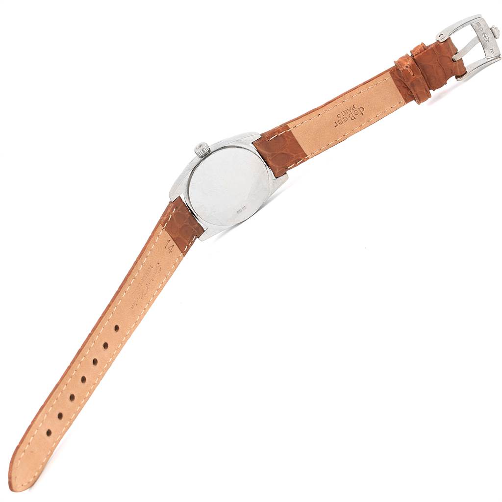 The image shows the back view of a Rolex Cellini 6229 Women's White Gold Black Dial 6229 Women's White Gold Black Dial watch, including the leather strap and clasp.