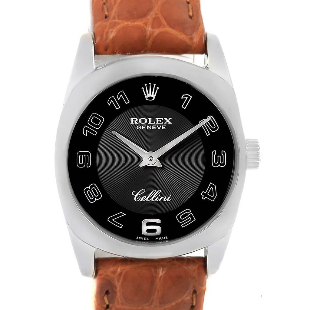 This image shows a frontal view of the Rolex Cellini 6229 Women's White Gold Black Dial 6229 Women's White Gold Black Dial watch, highlighting the dial, hands, crown, and leather strap.
