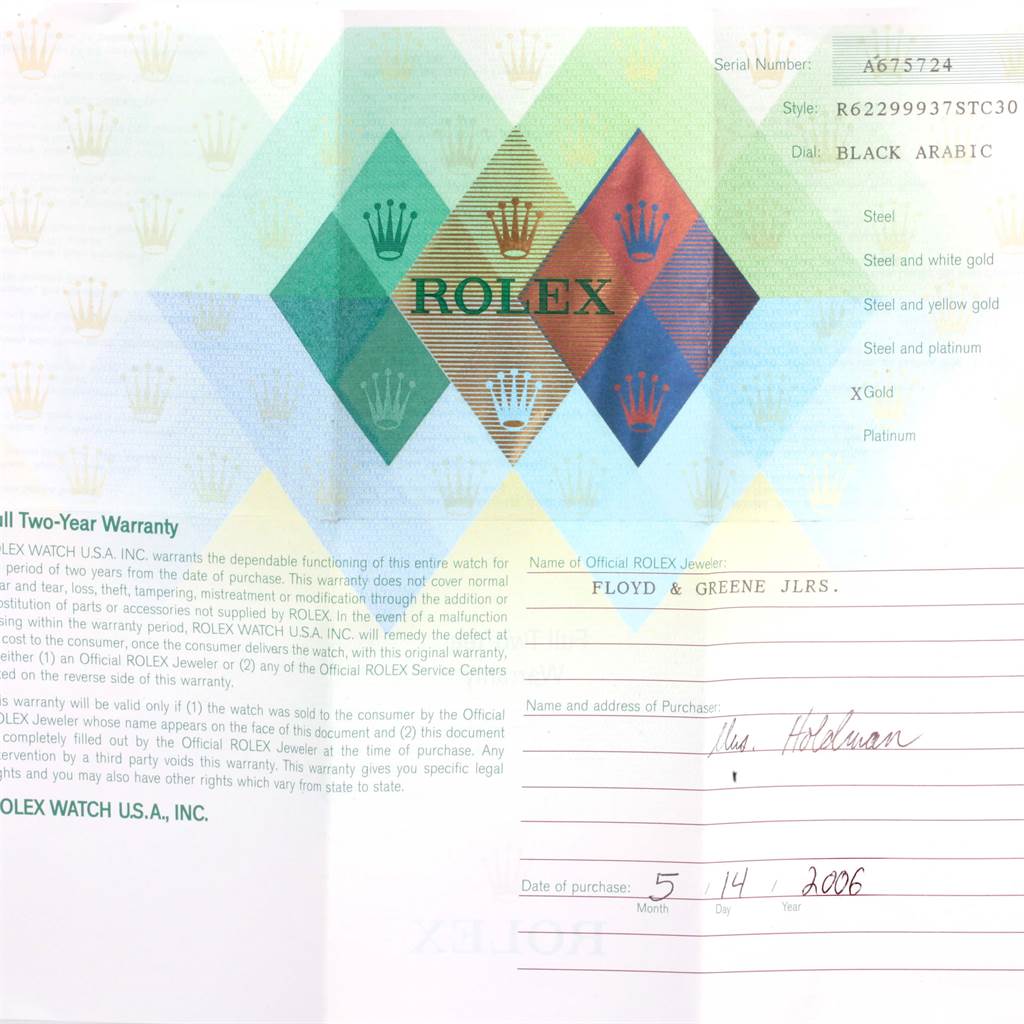 This image shows a warranty document for a Rolex Cellini 6229 Women's White Gold Black Dial 6229 Women's White Gold Black Dial watch, model number  R622999373TC30.