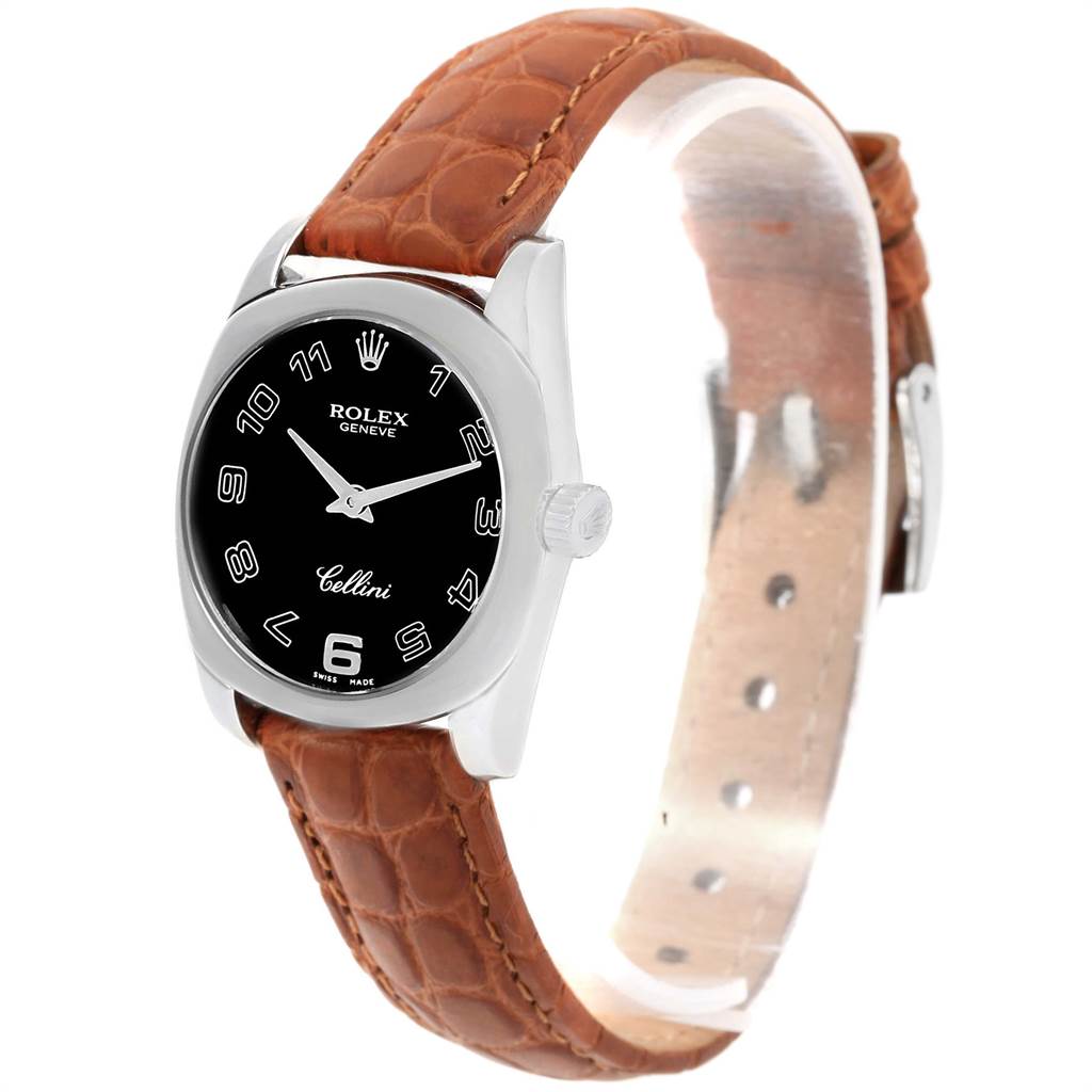 This image shows a Rolex Cellini 6229 Women's White Gold Black Dial 6229 Women's White Gold Black Dial watch with a brown leather strap and a black dial, angled slightly from the front.