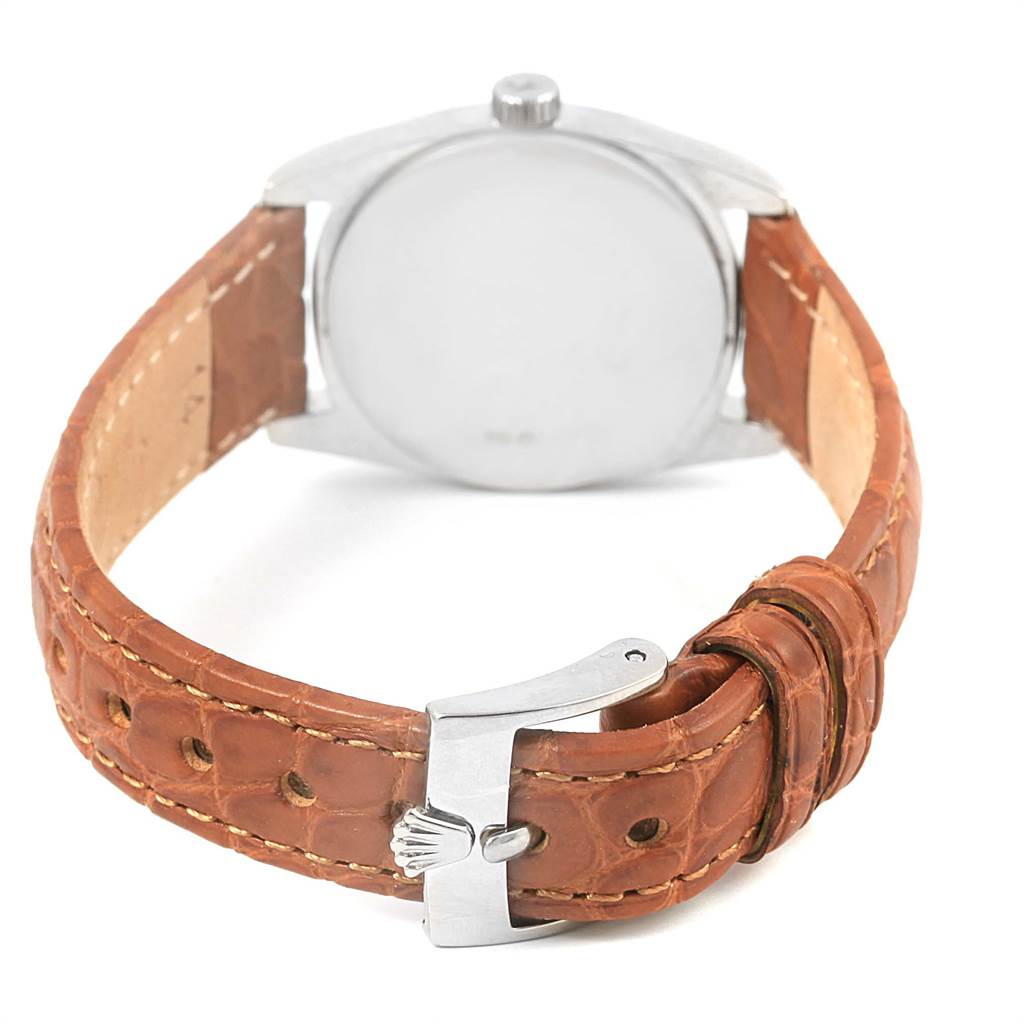 The image shows the back view of a Rolex Cellini 6229 Women's White Gold Black Dial 6229 Women's White Gold Black Dial watch with its brown leather strap and clasp visible.