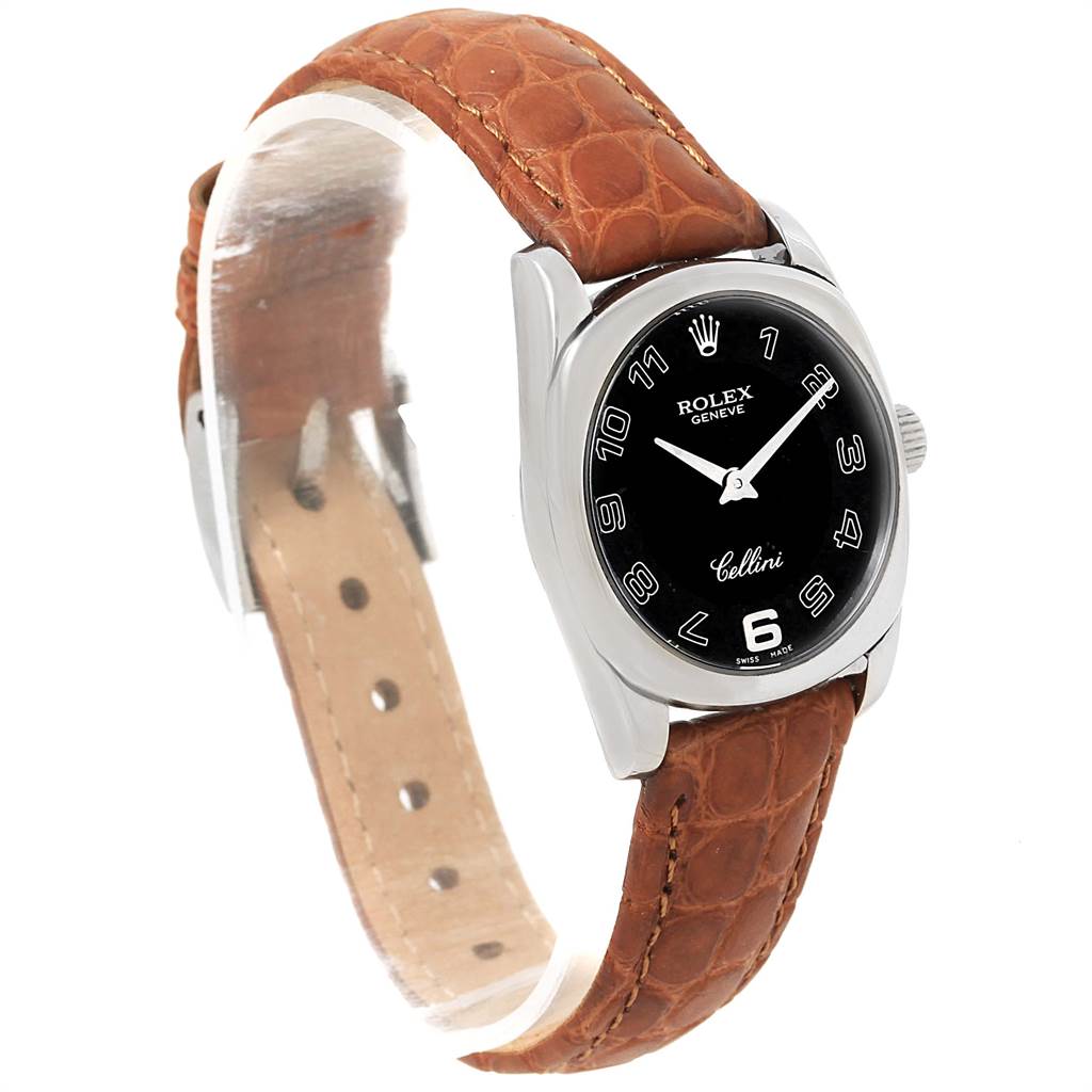 The image shows a side angle of a Rolex Cellini 6229 Women's White Gold Black Dial 6229 Women's White Gold Black Dial watch, highlighting the face, hands, case, and brown leather strap.