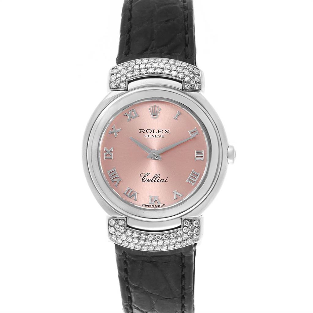 This image shows a front view of a Rolex Cellini 6672 Women's White Gold Pink Dial 6672 Women's White Gold Pink Dial watch with a pink dial, leather strap, and diamond accents on the lugs.
