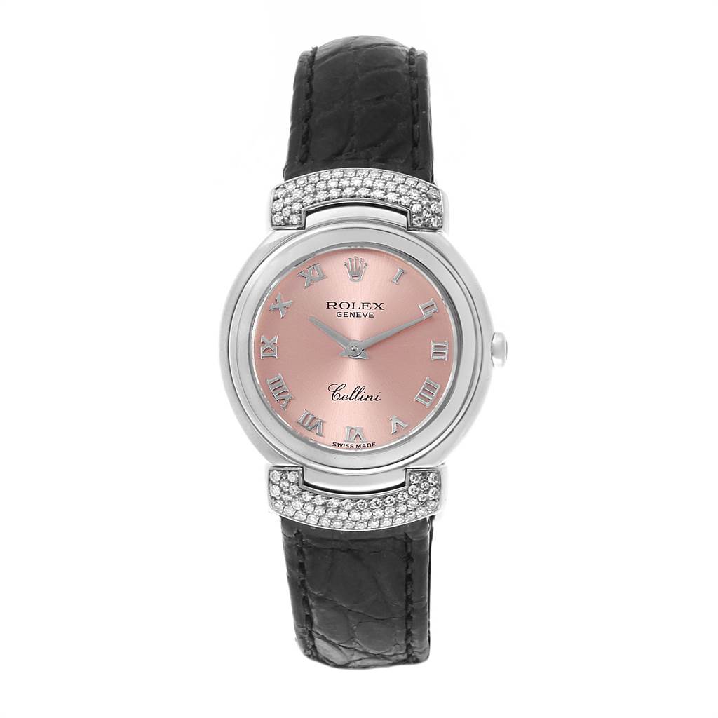 This is a front view of a Rolex Cellini 6672 Women's White Gold Pink Dial 6672 Women's White Gold Pink Dial watch showcasing its pink dial, Roman numerals, leather strap, and diamond-set lugs.