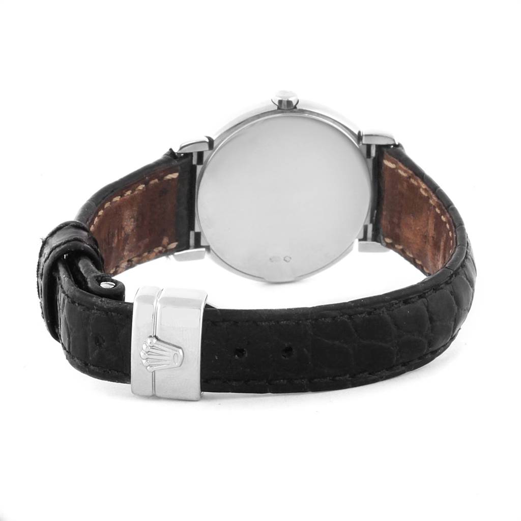 The image shows the back view of a Rolex Cellini 6672 Women's White Gold Pink Dial 6672 Women's White Gold Pink Dial watch, highlighting its clasp and leather strap.