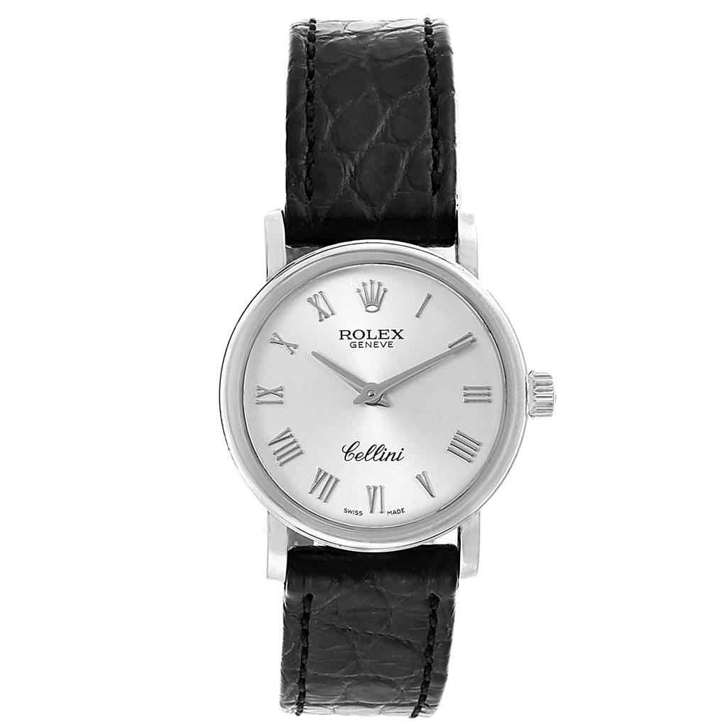 This image shows a frontal view of a Rolex Cellini 6110 Women
s White Gold Silver Dial 6110 Women
s White Gold Silver Dial watch displaying its face, dial, and black leather strap.