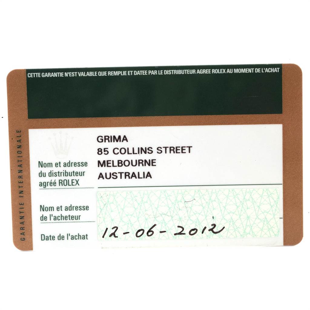 This image shows the warranty card for the Rolex Cellini 6110 Women
s White Gold Silver Dial 6110 Women
s White Gold Silver Dial watch, highlighting the distributor
s details and the purchase date.