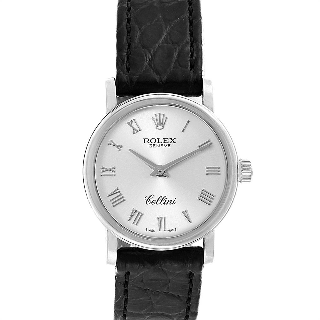 This image shows a head-on view of the Rolex Cellini 6110 Women
s White Gold Silver Dial 6110 Women
s White Gold Silver Dial watch, highlighting its dial, Roman numerals, hands, crown, and black leather strap.