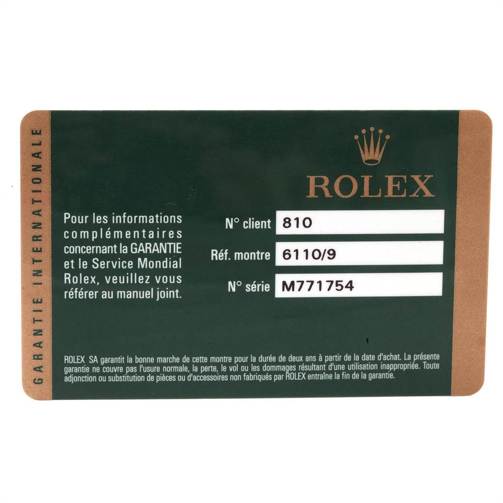 This image shows a warranty card for a Rolex Cellini 6110 Women
s White Gold Silver Dial 6110 Women
s White Gold Silver Dial model, featuring client, reference, and serial numbers.