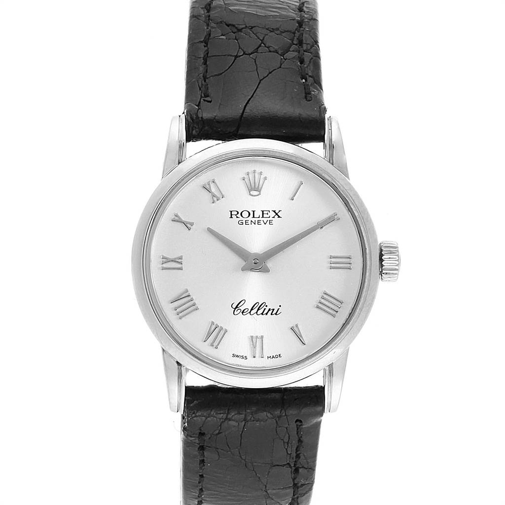 This image shows a front view of a Rolex Cellini 6111 Women
s White Gold Silver Dial 6111 Women
s White Gold Silver Dial watch, featuring a white dial, Roman numerals, and a black leather strap.
