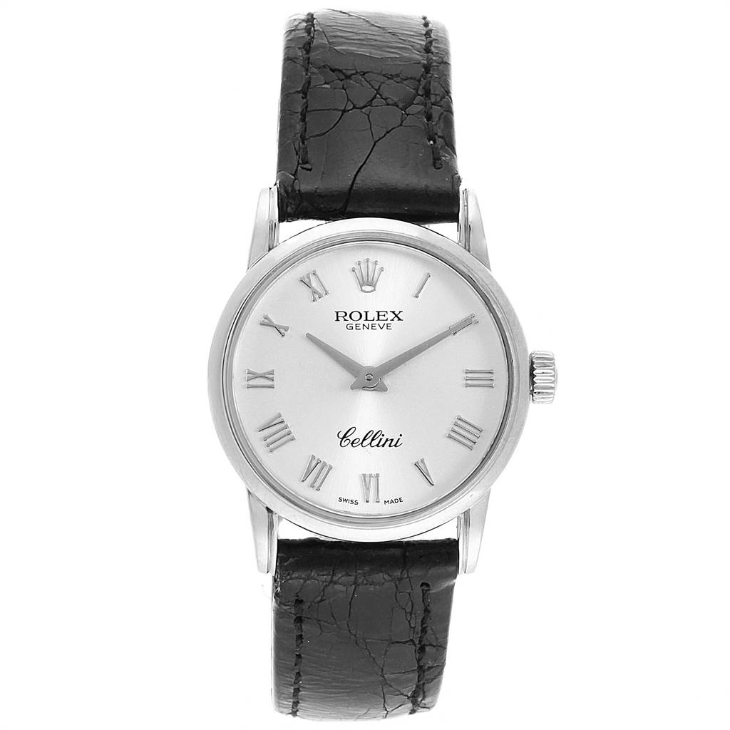 This Rolex Cellini 6111 Women
s White Gold Silver Dial 6111 Women
s White Gold Silver Dial watch is shown from the front, displaying the dial, hands, crown, and leather strap.