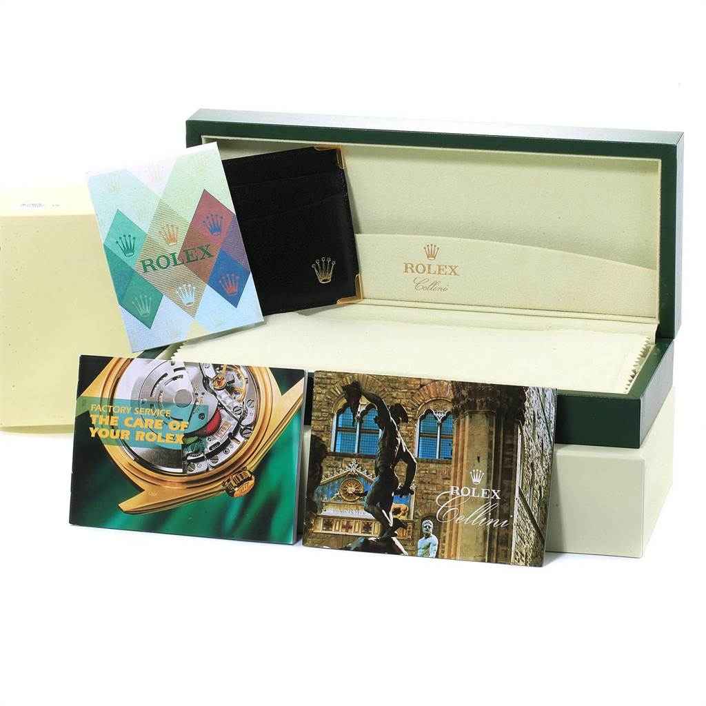 The image shows a Rolex Cellini 6111 Women's White Gold Mother of Pearl Dial 6111 Women's White Gold Mother of Pearl Dial watch box, manuals, and an authenticity card holder from a front angle.