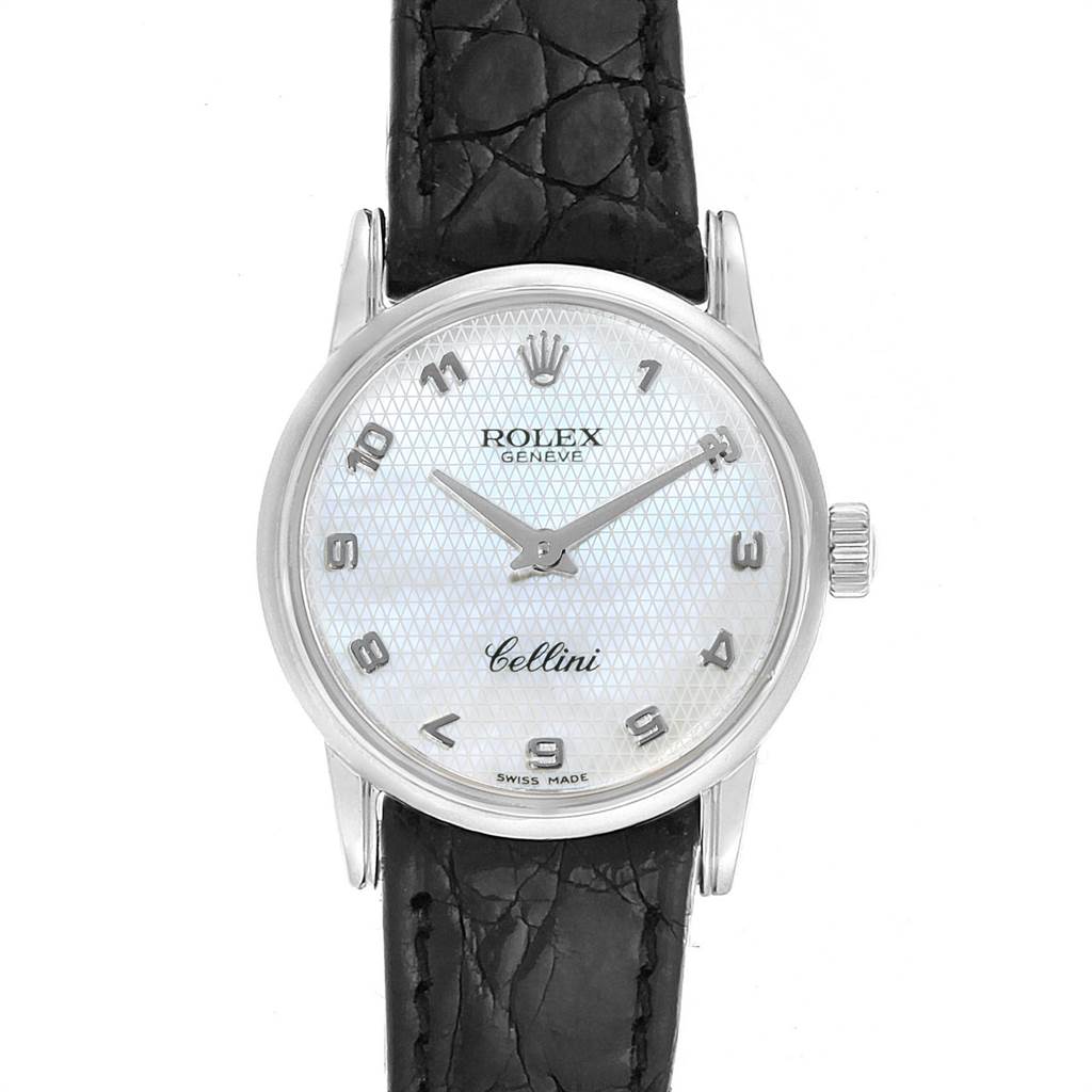 The image shows a frontal view of the Rolex Cellini 6111 Women's White Gold Mother of Pearl Dial 6111 Women's White Gold Mother of Pearl Dial watch, displaying its dial, bezel, case, and leather strap.