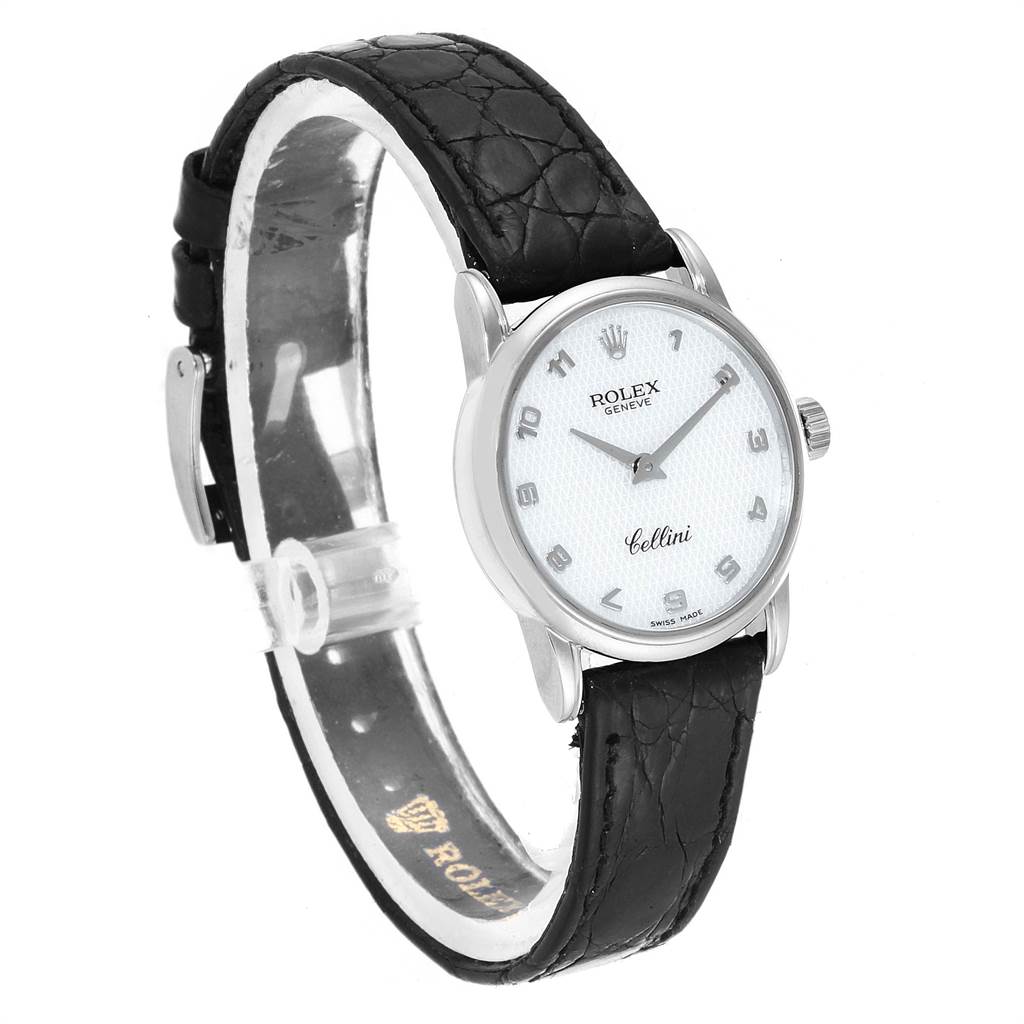 The image shows a Rolex Cellini 6111 Women's White Gold Mother of Pearl Dial 6111 Women's White Gold Mother of Pearl Dial watch at a three-quarter angle, displaying its face, case, crown, and black leather strap.