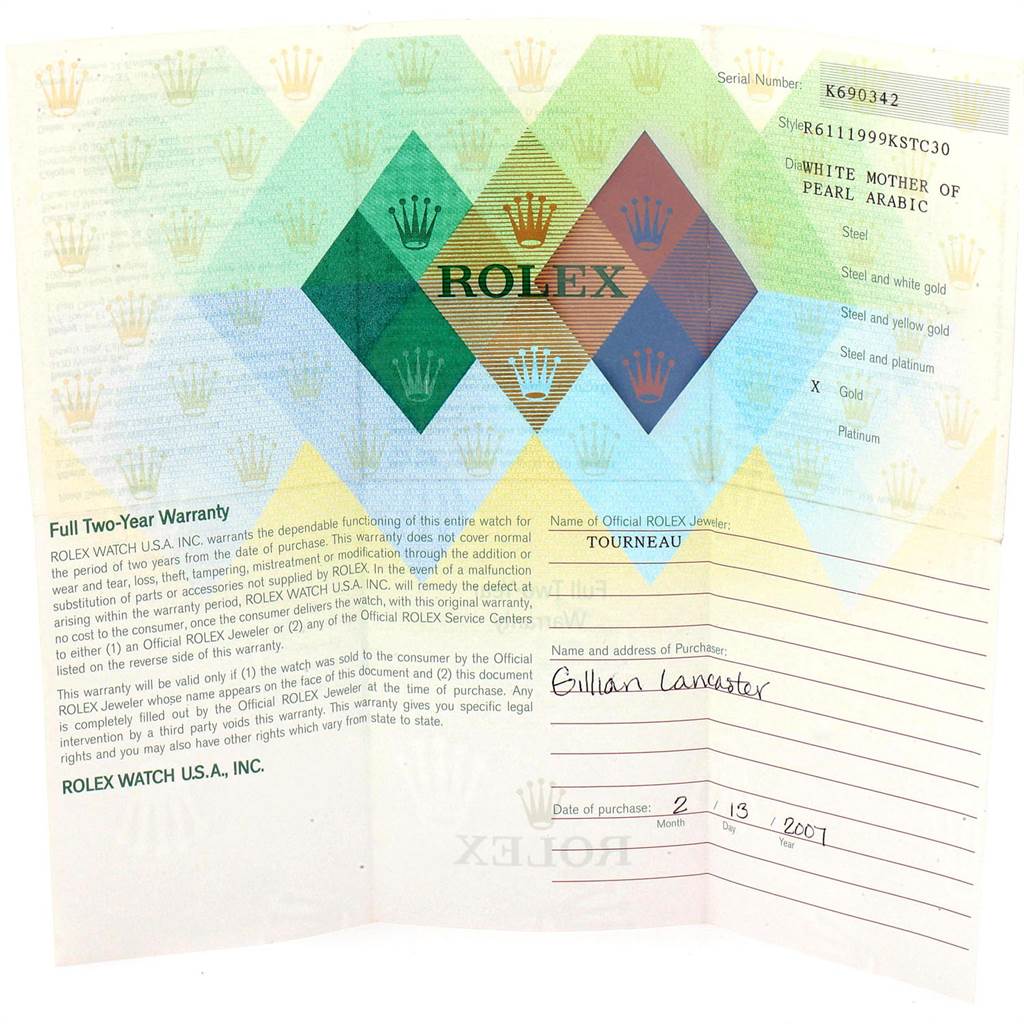 The image shows a warranty card for the Rolex Cellini 6111 Women's White Gold Mother of Pearl Dial 6111 Women's White Gold Mother of Pearl Dial model, including details like serial number, style, and purchase information.