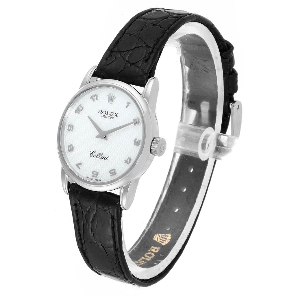 This image shows a Rolex Cellini 6111 Women's White Gold Mother of Pearl Dial 6111 Women's White Gold Mother of Pearl Dial watch at a slight angle, highlighting its dial, case, and black leather strap.