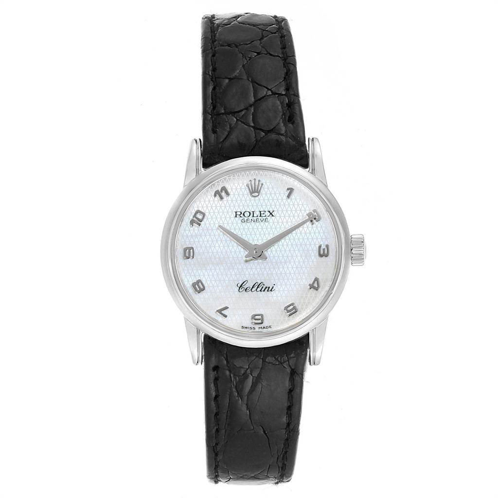 The image shows a front view of a Rolex Cellini 6111 Women's White Gold Mother of Pearl Dial 6111 Women's White Gold Mother of Pearl Dial watch with a black leather strap.
