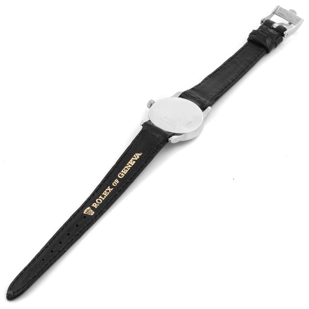 This image shows the back view of a Rolex Cellini 6111 Women's White Gold Mother of Pearl Dial 6111 Women's White Gold Mother of Pearl Dial watch, including the strap and buckle with the "Rolex of Geneva" branding.