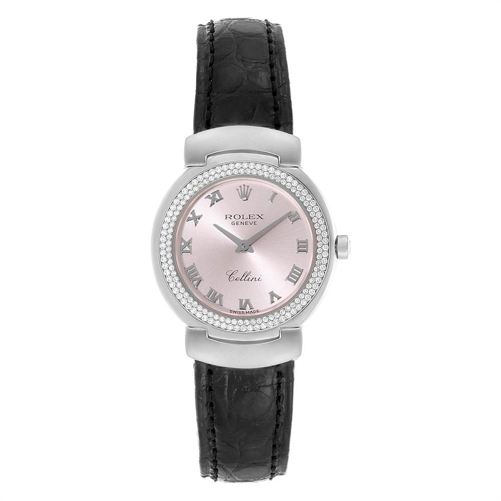 This image shows a Rolex Cellini 6671 Women's White Gold Pink Dial 6671 Women's White Gold Pink Dial watch from the front, displaying the pink dial, Roman numerals, and black leather strap.