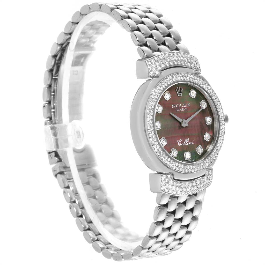 The image shows a Rolex Cellini 6673 Women's White Gold Mother of Pearl Dial 6673 Women's White Gold Mother of Pearl Dial watch from a side angle, featuring its dial, bezel, and metal bracelet.