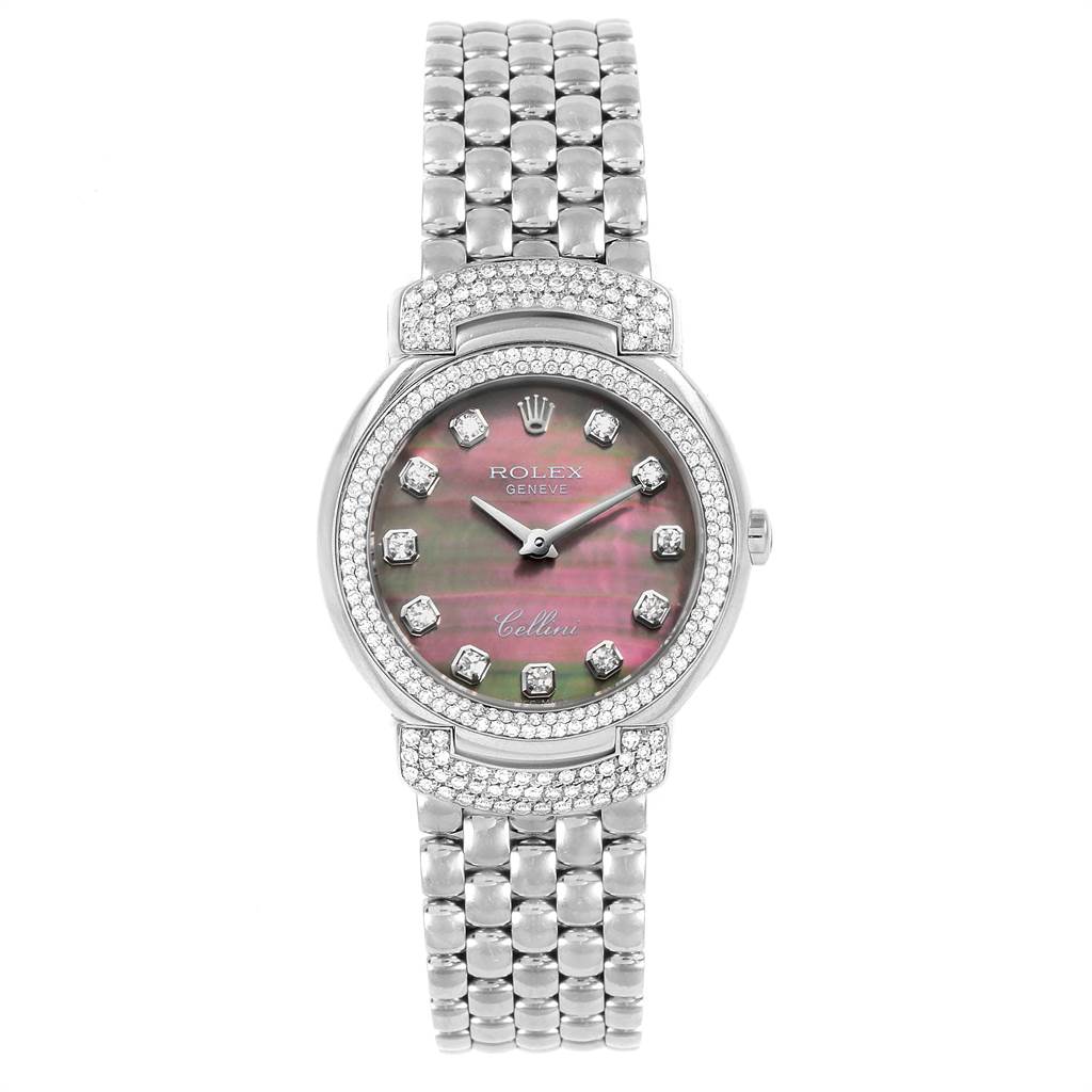 The image shows a front view of a Rolex Cellini 6673 Women's White Gold Mother of Pearl Dial 6673 Women's White Gold Mother of Pearl Dial watch, displaying the face, bezel, dial, and bracelet.