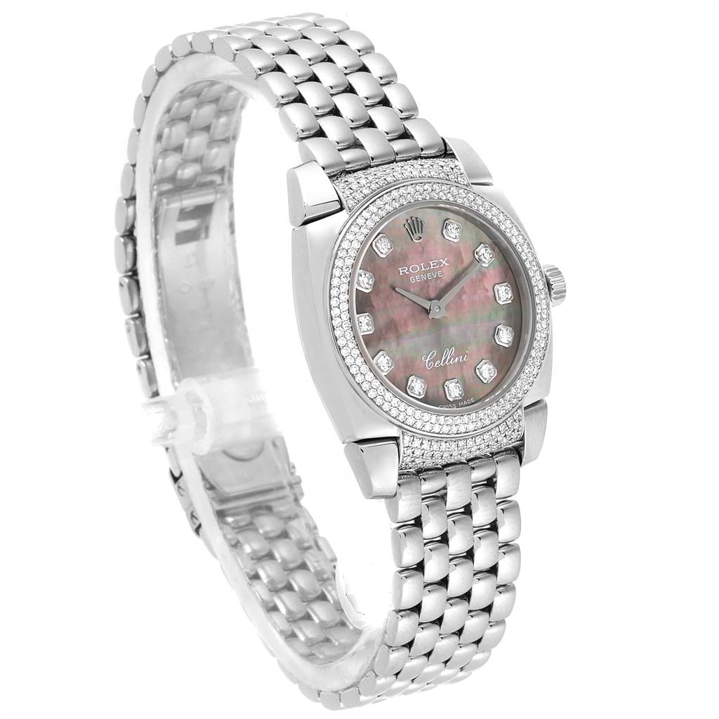 The image shows a front-left angled view of the Rolex Cellini 6311 Women's White Gold Mother of Pearl Dial 6311 Women's White Gold Mother of Pearl Dial watch, highlighting its face, bezel, and bracelet.