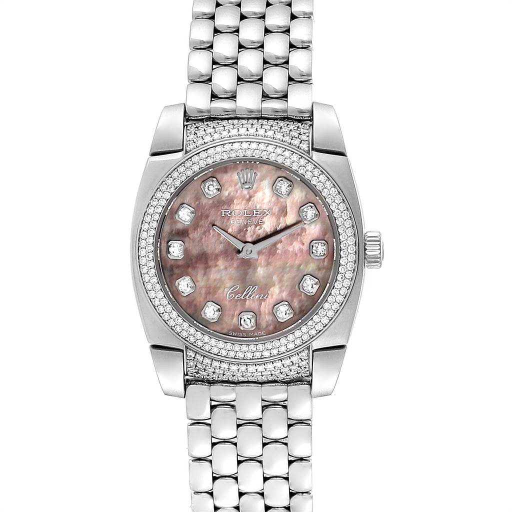 This image shows a frontal view of a Rolex Cellini 6311 Women's White Gold Mother of Pearl Dial 6311 Women's White Gold Mother of Pearl Dial watch, highlighting its face, band, and bezel.