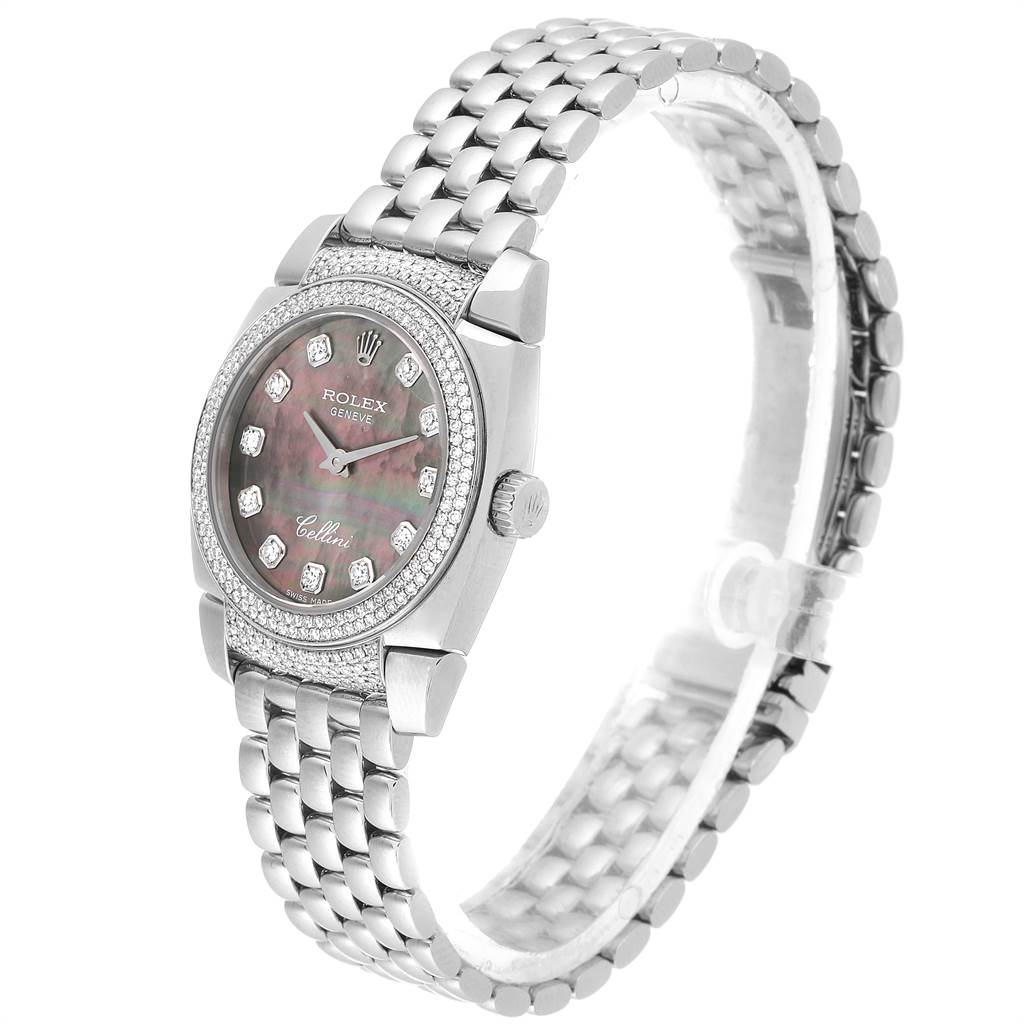 This is a side view of the Rolex Cellini 6311 Women's White Gold Mother of Pearl Dial 6311 Women's White Gold Mother of Pearl Dial watch, showing the face, bezel, crown, and part of the metal bracelet.