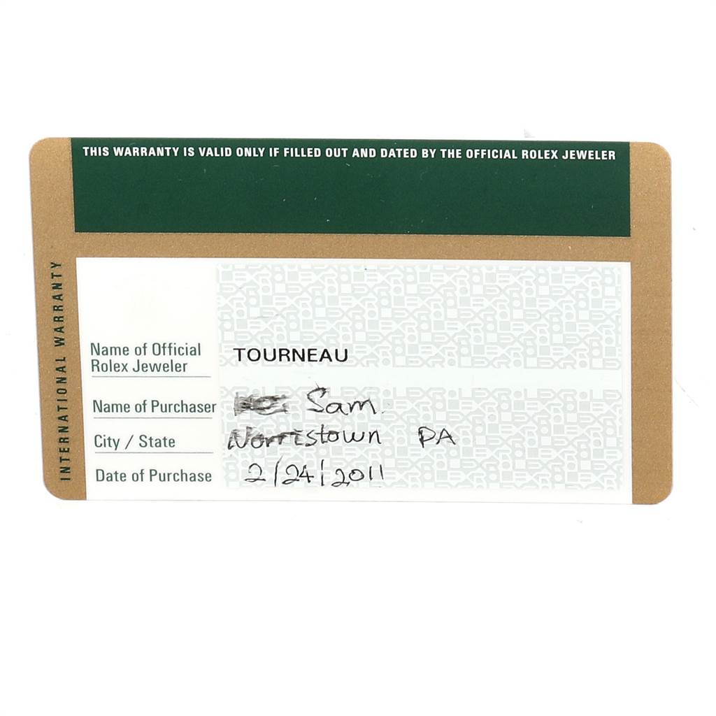 This image shows the international warranty card for a Rolex Cellini 6311 Women's White Gold Mother of Pearl Dial 6311 Women's White Gold Mother of Pearl Dial, including the official jeweler, purchaser's name, city/state, and purchase date.