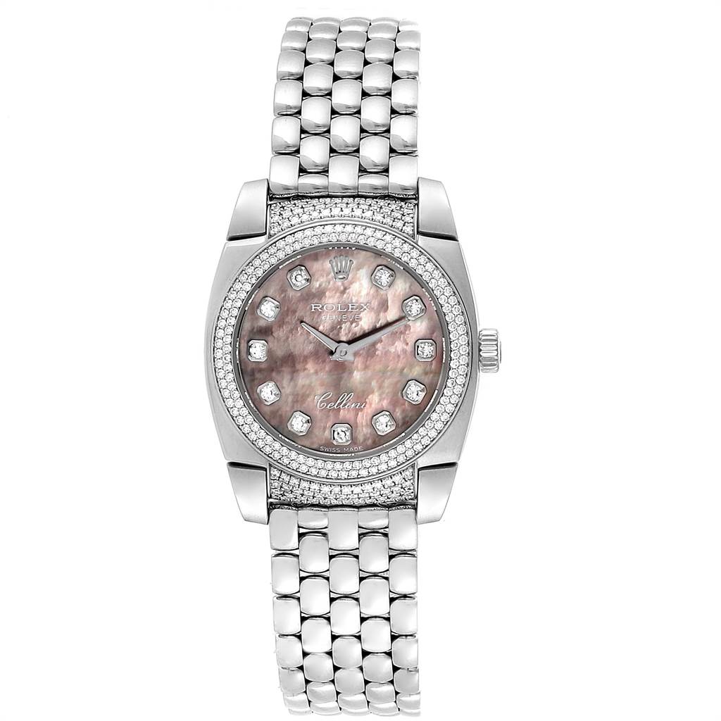 The Rolex Cellini 6311 Women's White Gold Mother of Pearl Dial 6311 Women's White Gold Mother of Pearl Dial watch is shown from the front, displaying its dial, bezel, crown, and bracelet.