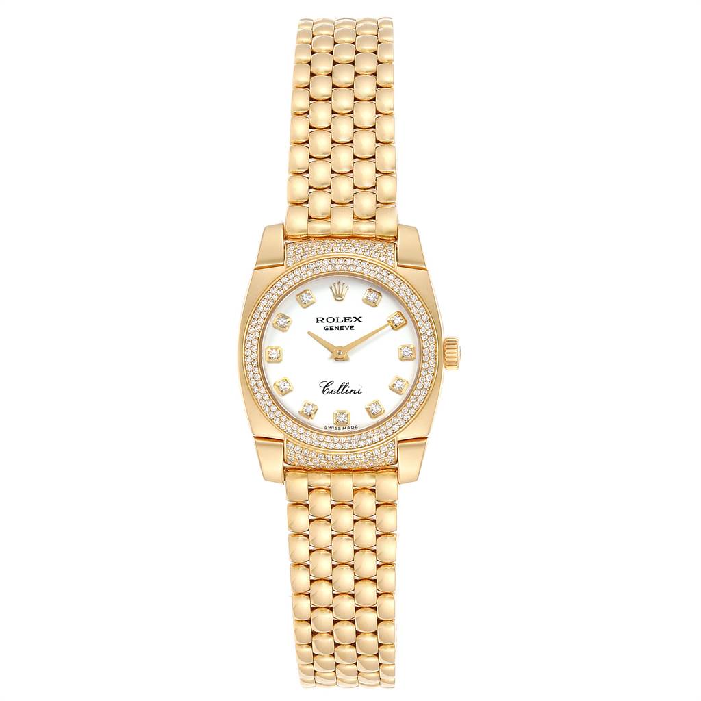 The Rolex Cellini 6311 Women's Yellow Gold White Dial 6311 Women's Yellow Gold White Dial watch is shown from a top-down angle, displaying the face, bezel, crown, and bracelet.