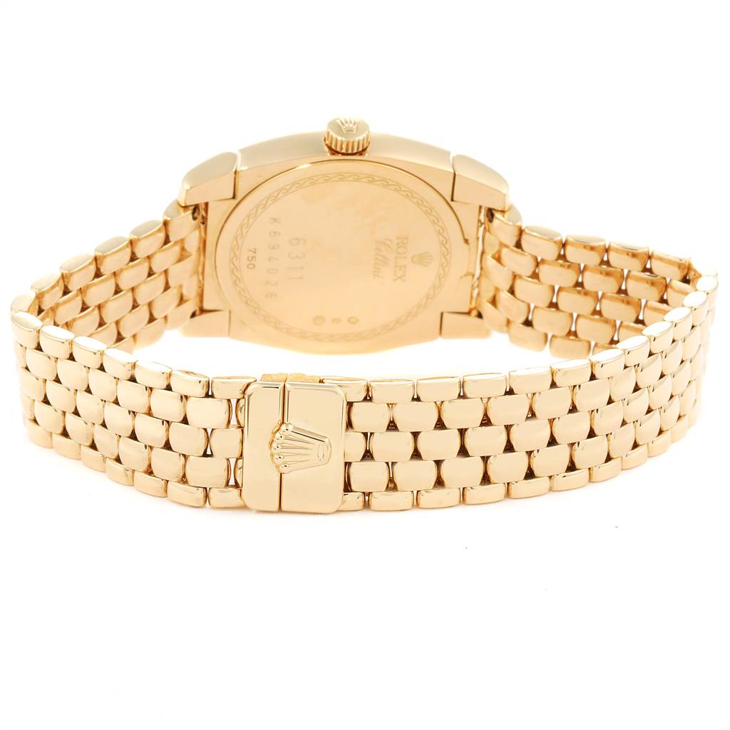 The image shows the back case and bracelet clasp of a Rolex Cellini 6311 Women's Yellow Gold White Dial 6311 Women's Yellow Gold White Dial watch from a rear angle.