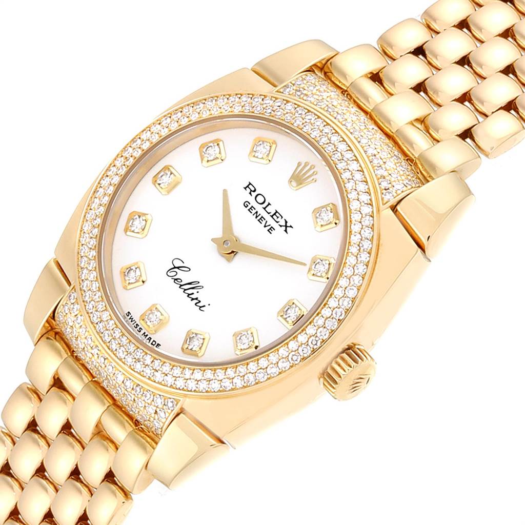 The image shows a close-up top view of a Rolex Cellini 6311 Women's Yellow Gold White Dial 6311 Women's Yellow Gold White Dial watch, highlighting the bezel, dial, and part of the bracelet.