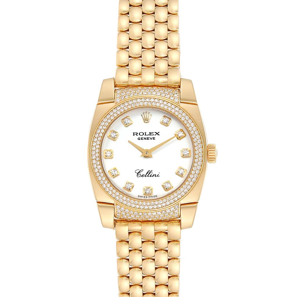 The image shows a Rolex Cellini 6311 Women's Yellow Gold White Dial 6311 Women's Yellow Gold White Dial watch from a top-down angle, highlighting the gold bracelet, diamond bezel, and white dial with diamond hour markers.