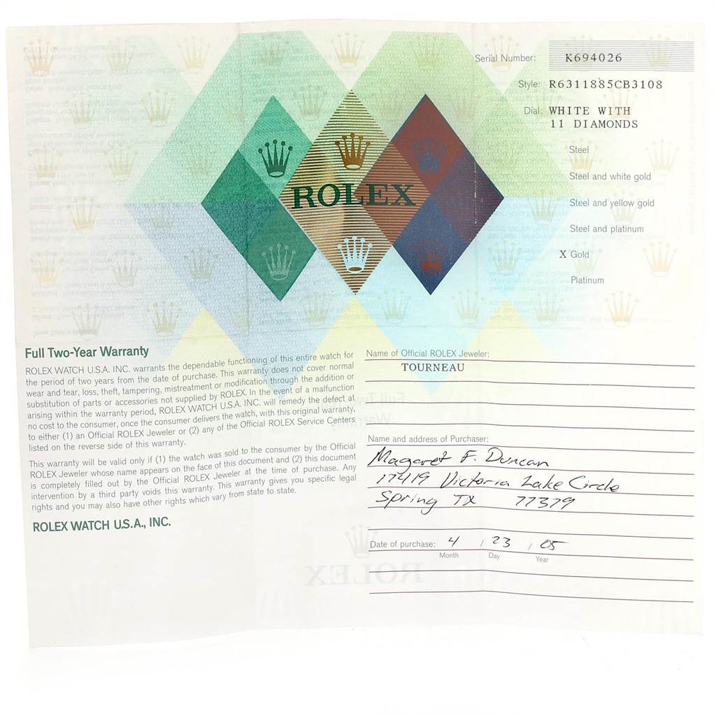 This image shows the warranty document for the Rolex Cellini 6311 Women's Yellow Gold White Dial 6311 Women's Yellow Gold White Dial model watch.