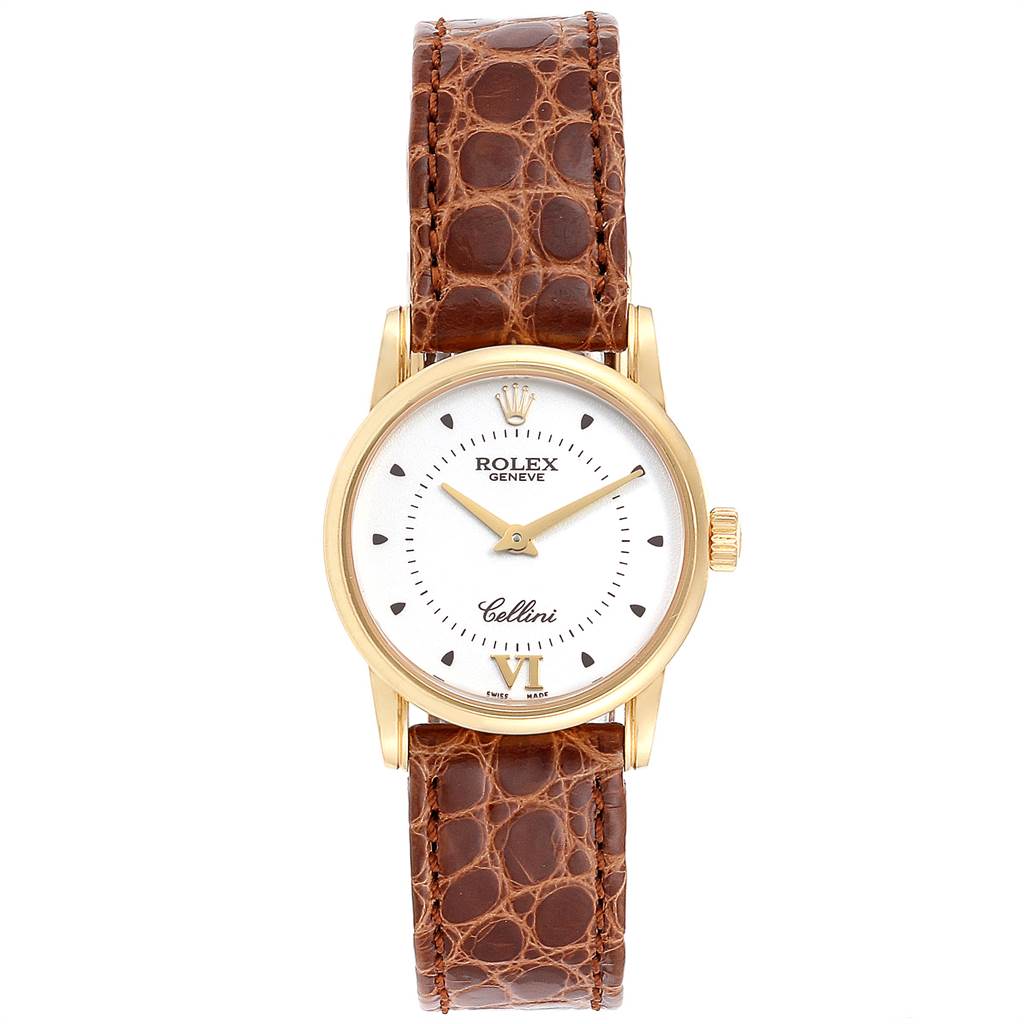The image shows a front view of the Rolex Cellini 6111 Women's Yellow Gold Silver Dial 6111 Women's Yellow Gold Silver Dial watch, highlighting its white dial, gold casing, and brown leather strap.