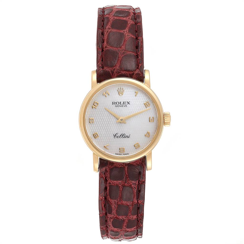 The image shows a front view of the Rolex Cellini 6110 Women's Yellow Gold Mother of Pearl Dial 6110 Women's Yellow Gold Mother of Pearl Dial watch, displaying its dial, hour markers, hands, and leather strap.