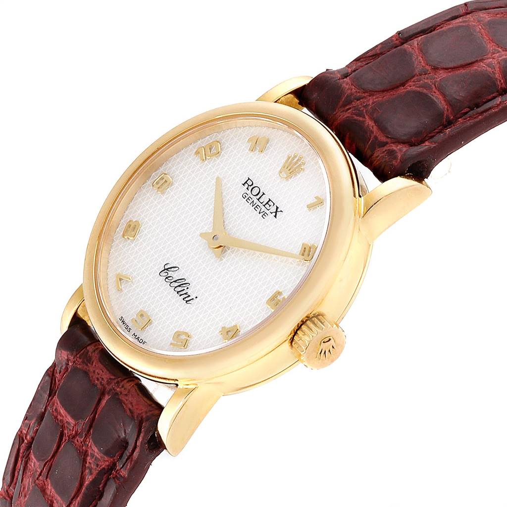 The image shows a close-up, angled view of the bezel, dial, and strap of a Rolex Cellini 6110 Women's Yellow Gold Mother of Pearl Dial 6110 Women's Yellow Gold Mother of Pearl Dial watch.