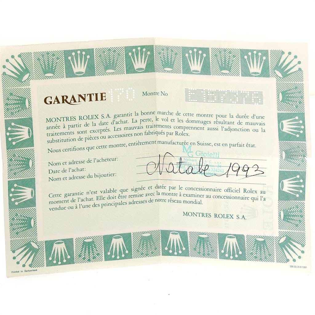 This image shows the warranty card for a Rolex Cellini 6622 Women
s Yellow Gold White Dial 6622 Women
s Yellow Gold White Dial watch.