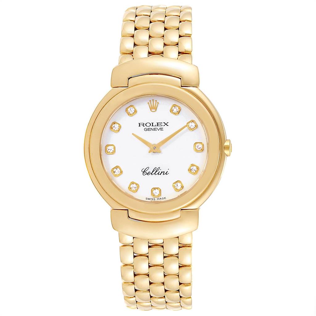 The image shows a frontal view of a Rolex Cellini 6622 Women
s Yellow Gold White Dial 6622 Women
s Yellow Gold White Dial watch, highlighting its gold case, white dial, and gold bracelet.